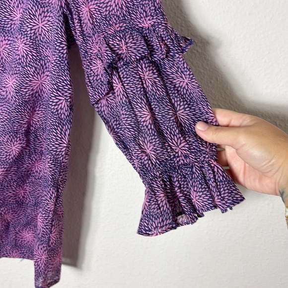 Banjanan Chloe top Petal Power Blueprint Purple blue Ruffle Sleeve Top sz Small - Picture 6 of 11